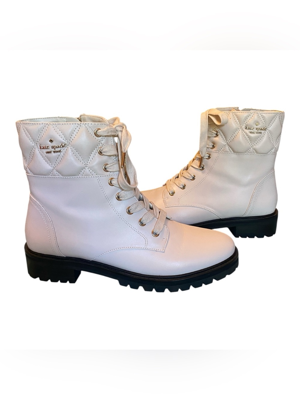 Kate Spade New York Cream Quilted Lace-Up Ankle Boots, Size 8 - Picture 2 of 12
